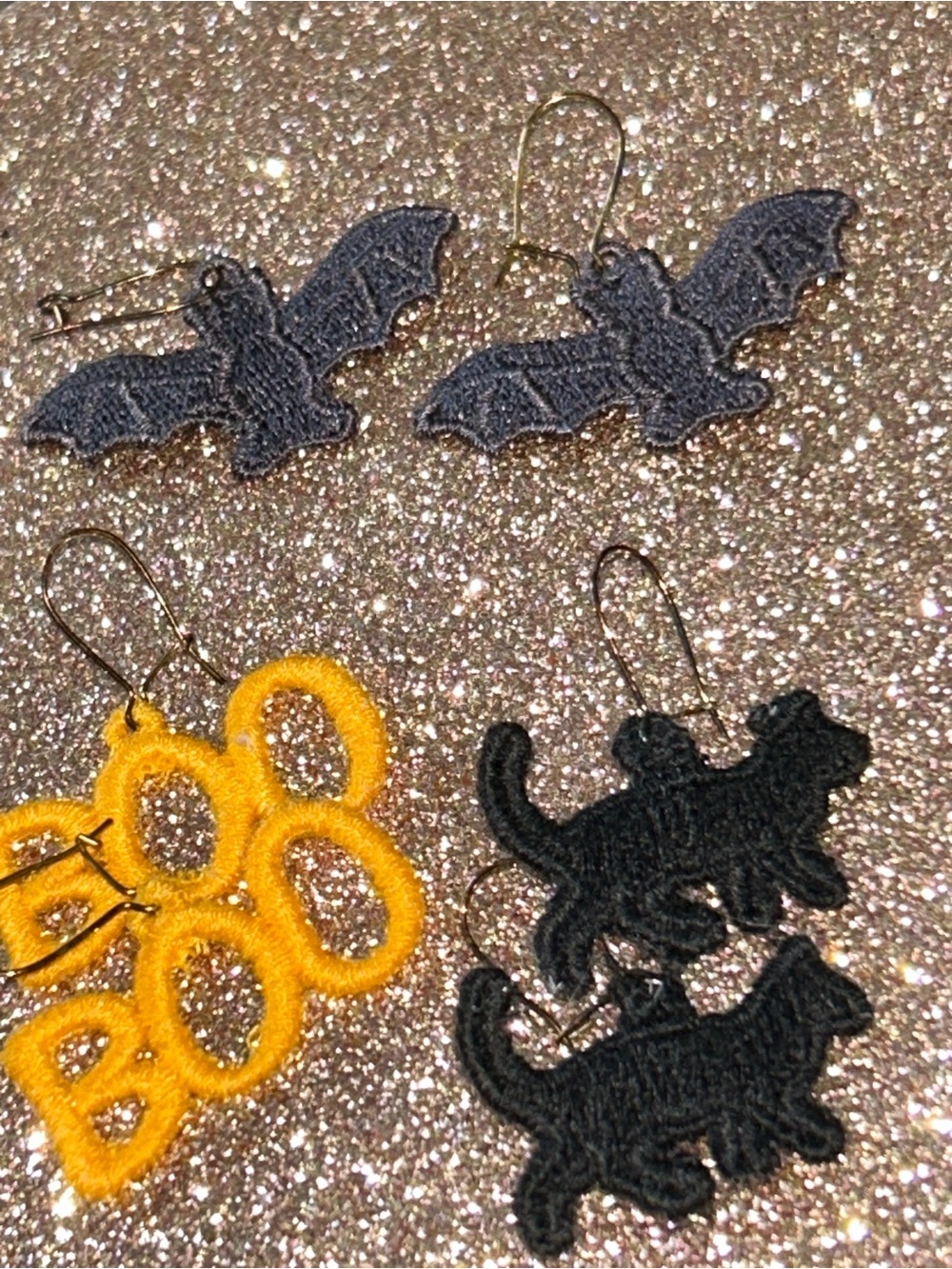 Embroidery Lace Dangle Playful Orange FSL Earrings 'BOO' Halloween Earrings - Picture 2 of 2